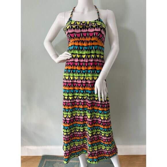 Joe Boxer Vibrant Neon Print Halter Midi Dress Y2K Festival Style size Medium - Picture 1 of 5
